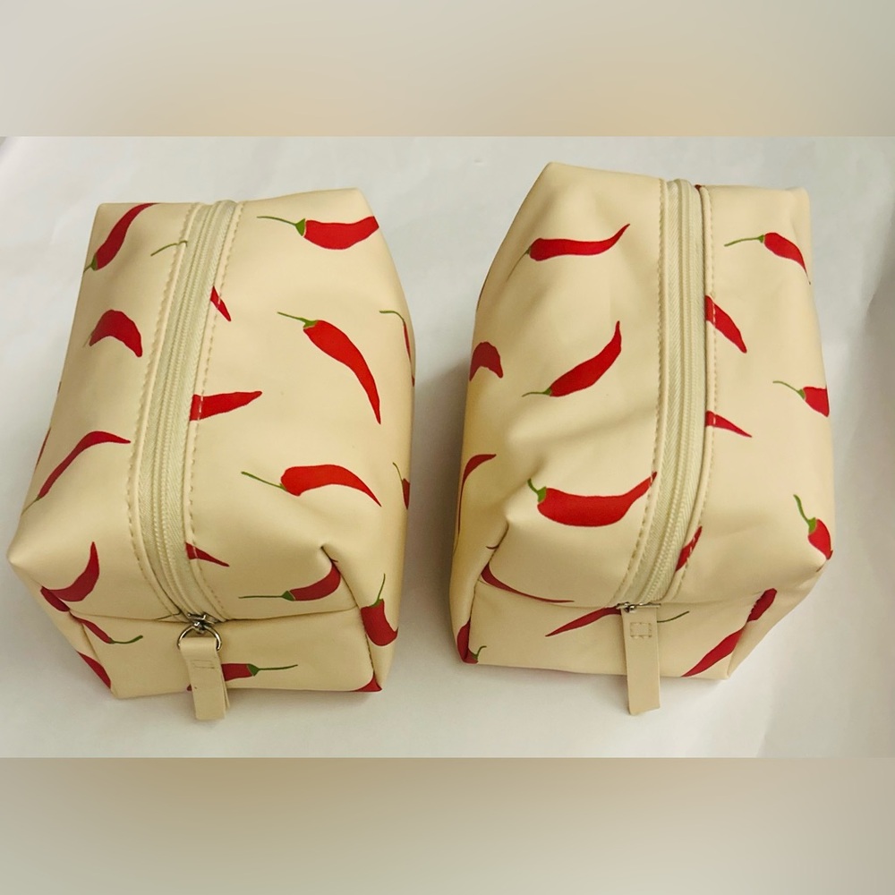 New 2 Cosmetic Bags TL +C Beige with Chili Peppers 5 1/4" x 3 1/2” x 3 1/2”